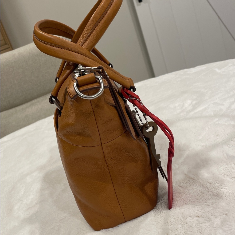 Fossil Cognac Brown Leather Satchel with Red Charm - Picture 3 of 9